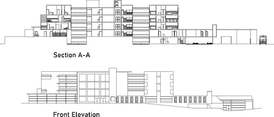 Vector illustration sketch of view and cut of a modern shopping mall building