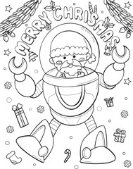 Hand-drawn doodle art. Santa Claus in Robot with Christmas element for Merry Christmas or Happy new year card. Coloring page for adults and kids.
