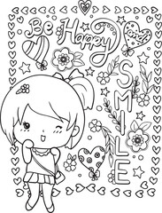 Be happy and Smile font with a cute girl and heart frame element for Valentine's day or Love Cards. Inspiration Coloring page for adults and kids. Vector Illustration.
