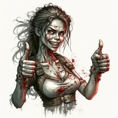 Attractive Zombie Female Character Giving Thumbs Up on White Background - Generative AI
