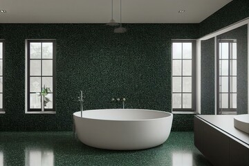 Fototapeta na wymiar Green modern contemporary bathroom with black terrazzo floor. Generative AI