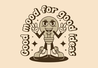 Mascot character of light bulb with peace sign hand