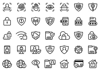 set of security icons vector. 35 security and protection line icons, fingerprint scanner, shield, password, padlock icon