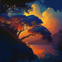 The illustration showcases a beautiful and serene sunset, with the sun setting behind a cliff and trees. Puffy white clouds and the ocean add to the peaceful ambiance. Generative AI
