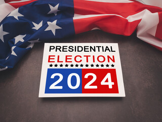 Part of the American flag with Presidential election 2024 text on white paper over a vintage background