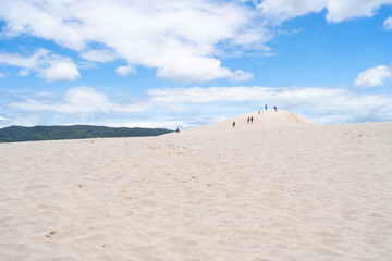Los jóvenes están subiendo a la cima de las dunas de Joaquina en la Isla de Florianópolis en Brasil.
