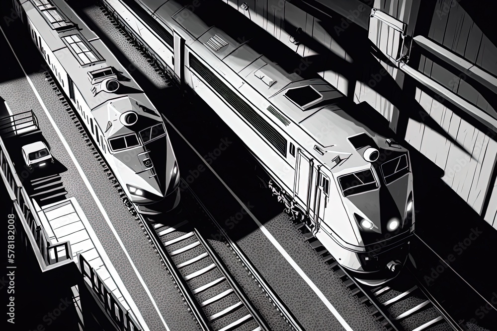 Poster black and white vertical view from above a railway station showing two trains. generative ai