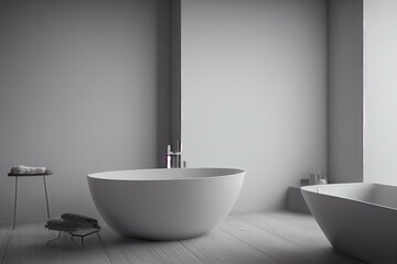Naklejka na ściany i meble Japandi minimalist bathroom in white and bleached tones. Freestanding bathtub and wooden washbasin. Farmhouse interior design, 3d illustration. Generative AI