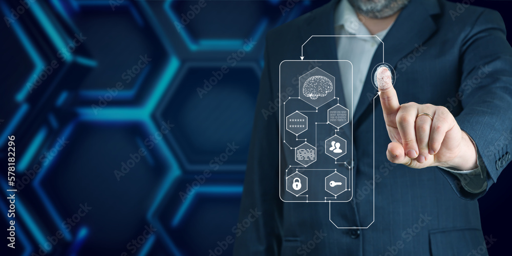 Poster ai in biometrics and security. businessman using fingerprint to get access through ai. concept cyber