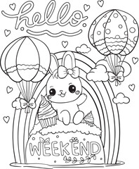 Inspiration. Hello Weekend. Cute bunny cartoon and cupcakes. Valentine's day.  Hand drawn with black and white lines. Coloring for adults and kids. Vector Illustration.
