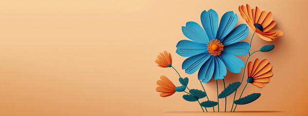 papercut blue colored cosmos flower with copy space, generative ai, a beautiful cosmos flower with orange background and copyspace, 