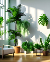 Variety of easy care and air purify indoor tropical house plants in white wall room with sunlight from window casting shadow on wood floor. 3D render for home garden interior ai generate