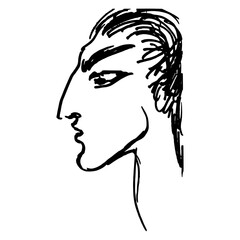 Head in profile of a handsome young man. Hand drawn linear doodle rough sketch. Black silhouette on white background.