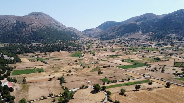 Askifou plateau, Chania agricultural patchwork farmland near Leuka Ori mountain, Aerial view, Crete, Greece