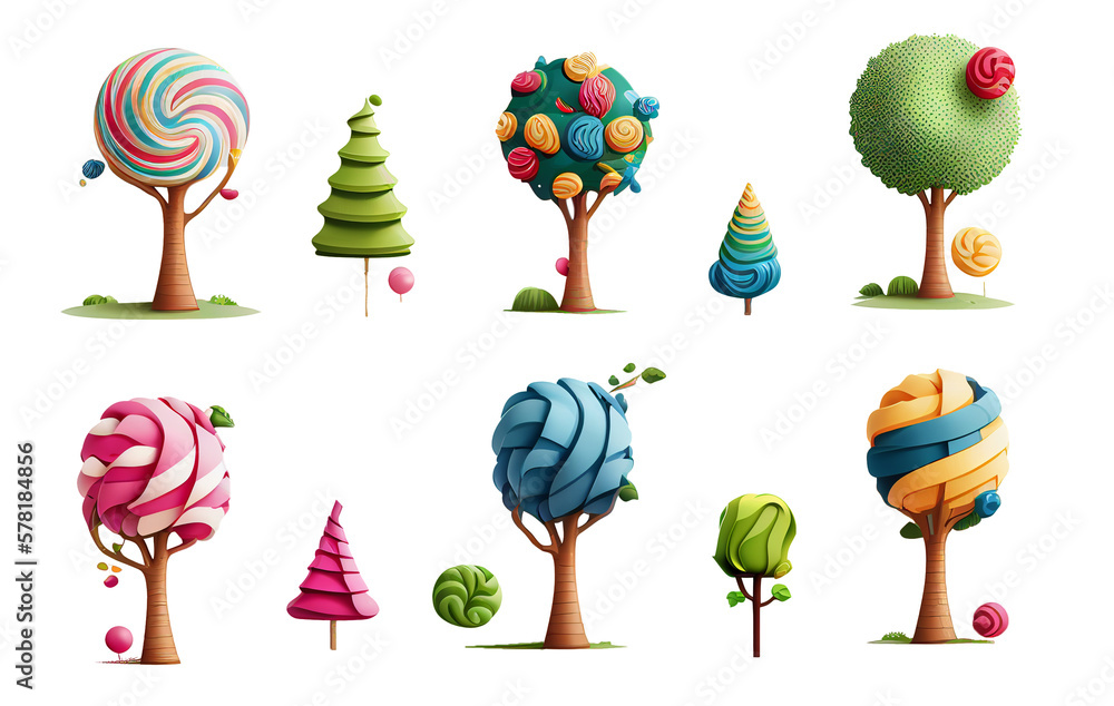 Poster set of 3d trees with flowers minimal lollipop style isolated on white background, image ai generate