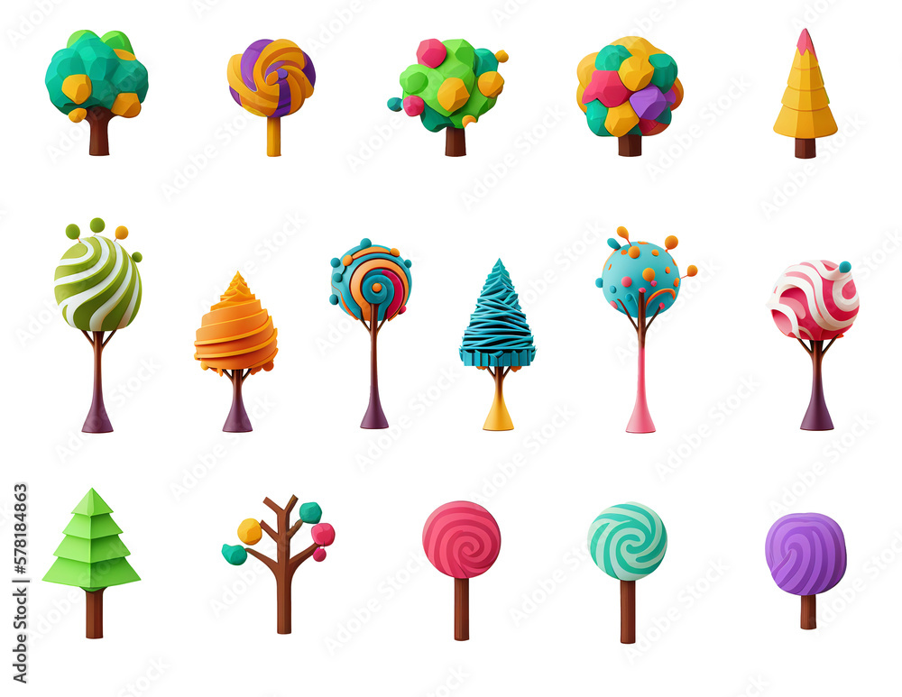 Poster set of 3d trees with flowers minimal lollipop style isolated on white background, image ai generate