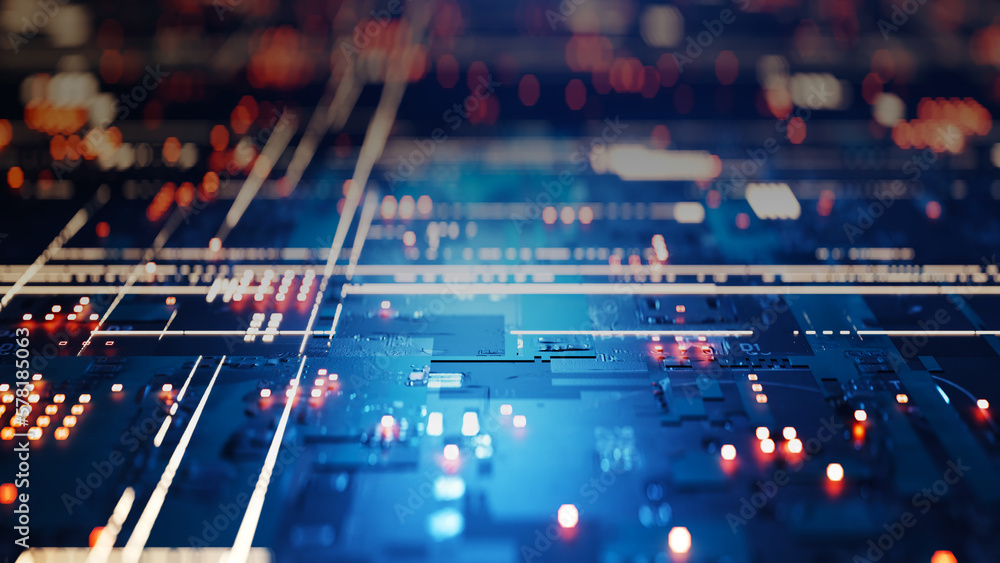 Poster futuristic technology concept background with lights and lines shining on the motherboard, 3d render