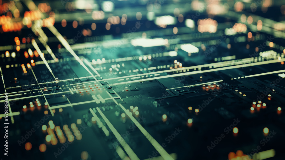 Poster futuristic technology concept background with lights and lines shining on the motherboard, 3d render