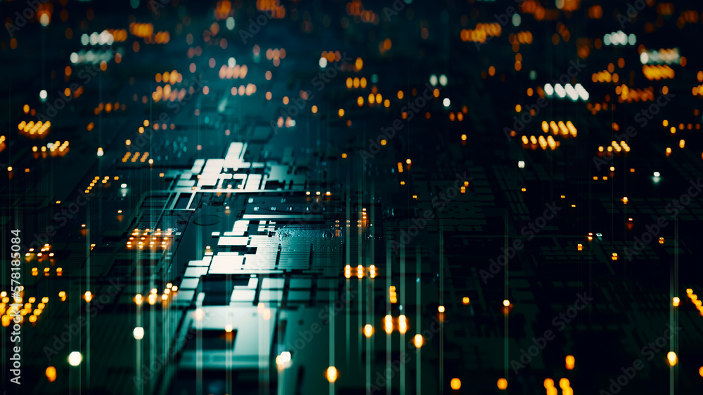Poster futuristic technology concept background with lights shining on the motherboard. 3d rendering