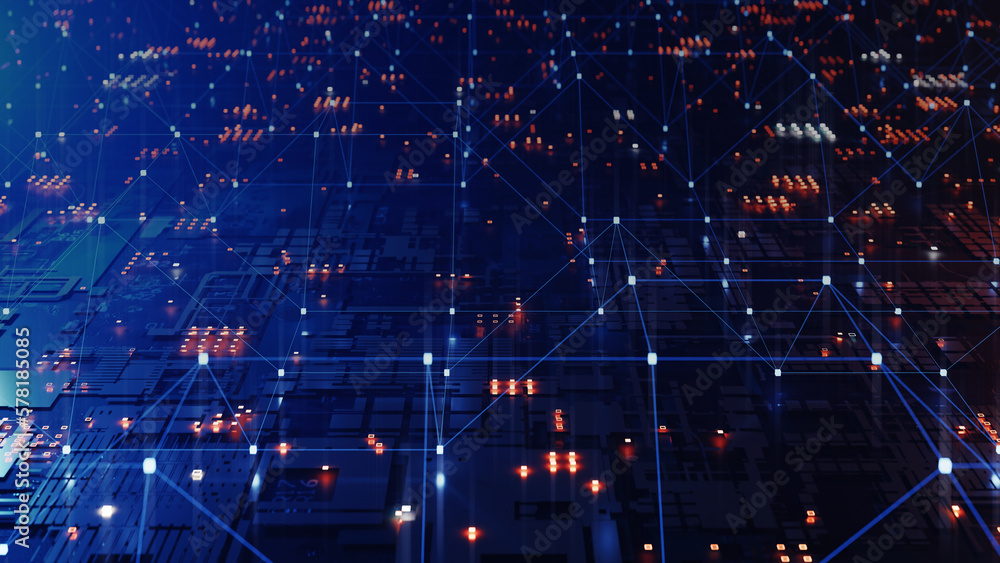 Poster futuristic technology concept background with lights and polygonal lines connecting the motherboard.