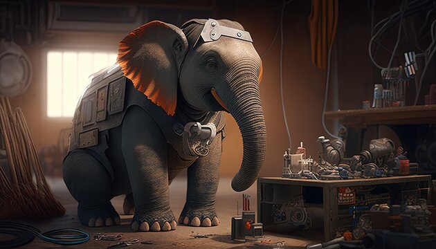 brave elephant engineer digital art illustration, Generative AI