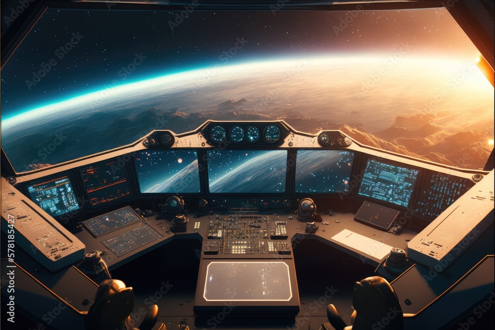 Poster outer view of spaceship window with control system room. abstract discover new planet in space. fine