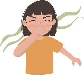 Cute pretty kid girl pinching and cover his nose smelling stinky feeling bad smell holding breath illustration
