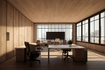 Fototapeta na wymiar Modern wooden office interior with furniture. 3D Rendering. Generative AI