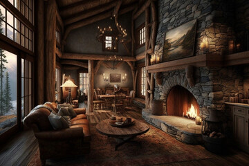 Fototapeta na wymiar Rustic living room - a style that incorporates natural materials like wood and stone, often featuring a cozy fireplace and warm lighting to create a rustic, cabin-like atmosphere, Generative AI 