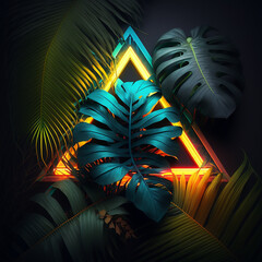 Stylized neon retro geometric shape with palm fronds and tropical plants. Created using generative AI.