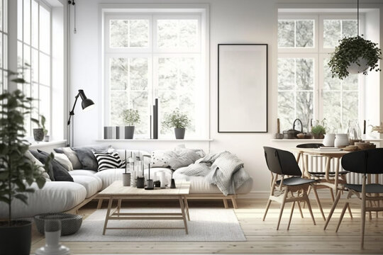 Scandinavian living room - characterized by a focus on simplicity, functionality, and a connection to nature, with a color palette that typically includes white, black, Generative AI	