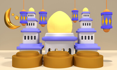 3d rendering of a minimalist mosque, with a product display podium welcoming Ramadan