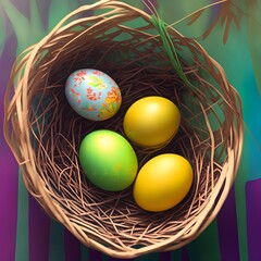 Easter eggs in a basket. 
Created using generative AI technics