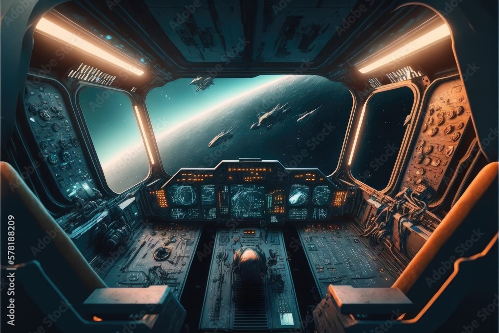 Poster outer view of cockpit spaceship window with control system room. abstract discover new planet in spa