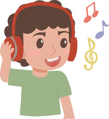 Handsome cute little kid boy listening music with headphone feel happy expression enjoy hobby illustration