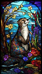 Artistic Beautiful Desginer Handcrafted Stained Glass Artwork of a Otter Animal in Art Nouveau Style with Vibrant and Bright Colors, Illuminated from Behind (generative AI)