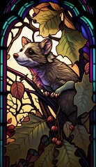 Artistic Beautiful Desginer Handcrafted Stained Glass Artwork of a Possum Animal in Art Nouveau Style with Vibrant and Bright Colors, Illuminated from Behind (generative AI)