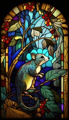 Artistic Beautiful Desginer Handcrafted Stained Glass Artwork of a Possum Animal in Art Nouveau Style with Vibrant and Bright Colors, Illuminated from Behind (generative AI)