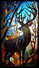 Artistic Beautiful Desginer Handcrafted Stained Glass Artwork of a Reindeer Animal in Art Nouveau Style with Vibrant and Bright Colors, Illuminated from Behind (generative AI)