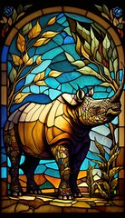 Artistic Beautiful Desginer Handcrafted Stained Glass Artwork of a Rhinoceros Animal in Art Nouveau Style with Vibrant and Bright Colors, Illuminated from Behind (generative AI)