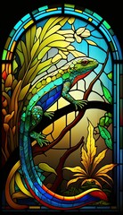 Artistic Beautiful Desginer Handcrafted Stained Glass Artwork of a Skink Animal in Art Nouveau Style with Vibrant and Bright Colors, Illuminated from Behind (generative AI)