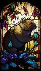 Artistic Beautiful Desginer Handcrafted Stained Glass Artwork of a Wombat Animal in Art Nouveau Style with Vibrant and Bright Colors, Illuminated from Behind (generative AI)