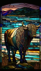 Fototapeta na wymiar Artistic Beautiful Desginer Handcrafted Stained Glass Artwork of a Yak Animal in Art Nouveau Style with Vibrant and Bright Colors, Illuminated from Behind (generative AI)
