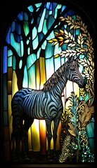 Fototapeta na wymiar Artistic Beautiful Desginer Handcrafted Stained Glass Artwork of a Zebra Animal in Art Nouveau Style with Vibrant and Bright Colors, Illuminated from Behind (generative AI)
