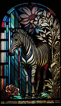 Artistic Beautiful Desginer Handcrafted Stained Glass Artwork of a Zebra Animal in Art Nouveau Style with Vibrant and Bright Colors, Illuminated from Behind (generative AI)