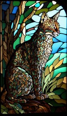 Artistic Beautiful Desginer Handcrafted Stained Glass Artwork of a Bobcat Animal in Art Nouveau Style with Vibrant and Bright Colors, Illuminated from Behind (generative AI)
