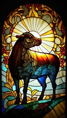 Artistic Beautiful Desginer Handcrafted Stained Glass Artwork of a Bull Animal in Art Nouveau Style with Vibrant and Bright Colors, Illuminated from Behind (generative AI)