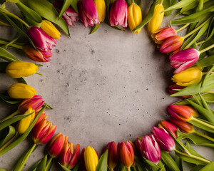 Beautiful composition spring flowers. Bouquet of pink Tulips flowers with open space.  Easter, Birthday, Happy Women's Day, Mother's Day. Flat lay, top view, copy space.