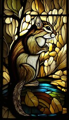 Artistic Beautiful Desginer Handcrafted Stained Glass Artwork of a Chipmunk Animal in Art Nouveau Style with Vibrant and Bright Colors, Illuminated from Behind (generative AI)