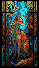 Artistic Beautiful Desginer Handcrafted Stained Glass Artwork of a Coyote Animal in Art Nouveau Style with Vibrant and Bright Colors, Illuminated from Behind (generative AI)